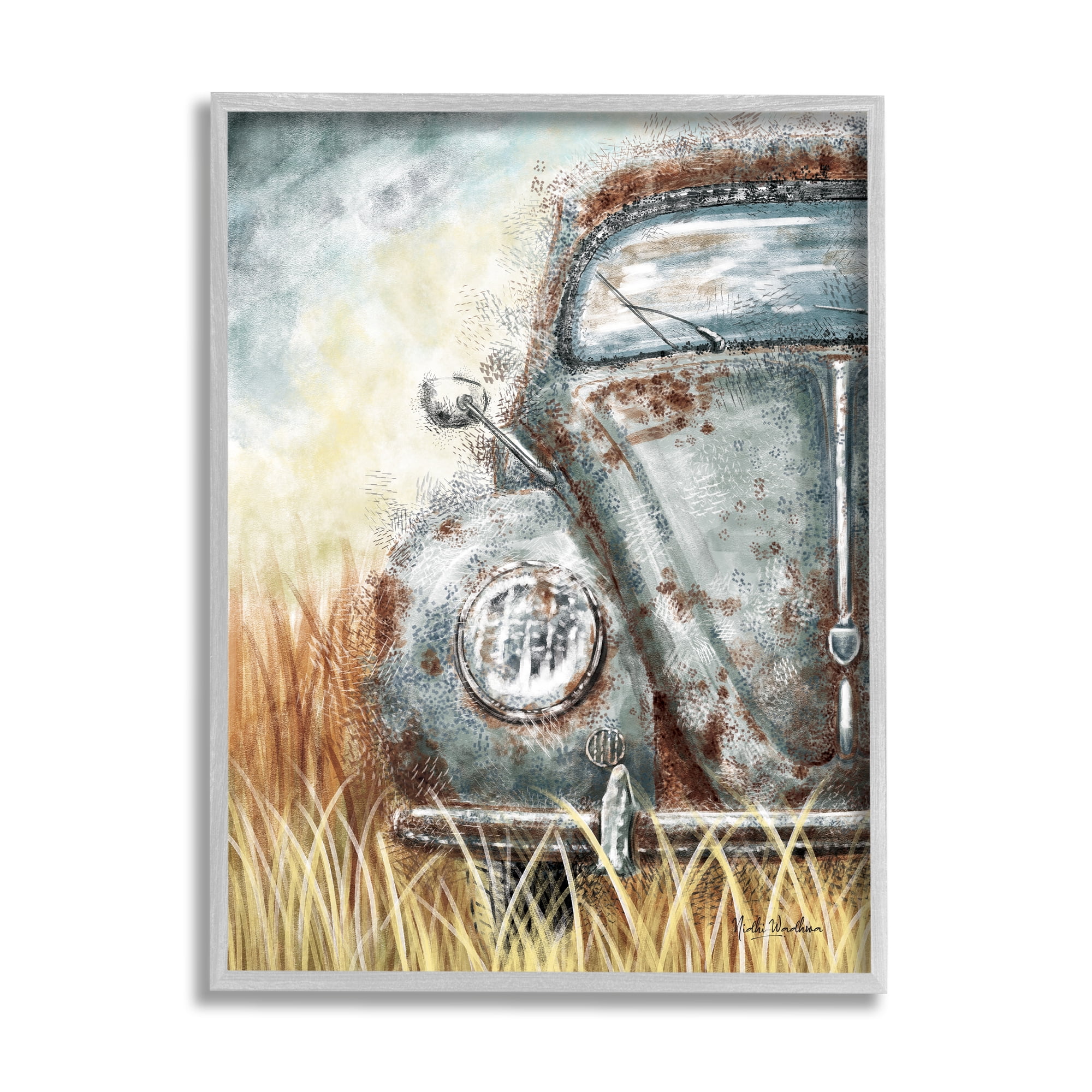 Stupell Industries Vintage Car Country Field Transportation Painting Gray Framed Art Print Wall Art, 11 x 14
