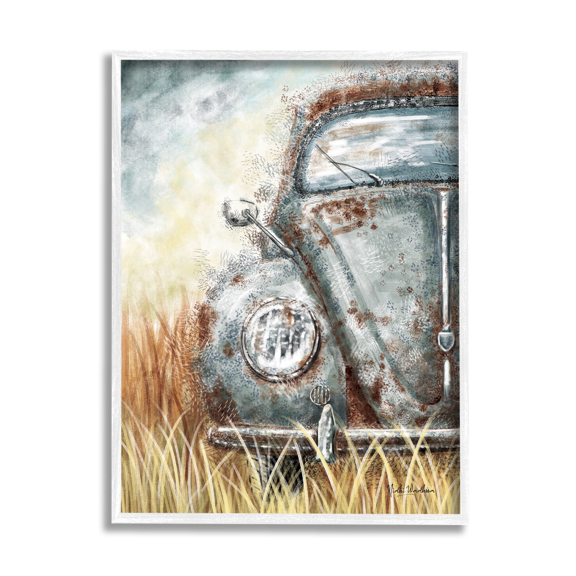 Stupell Industries Vintage Car Country Field Transportation Painting White Framed Art Print Wall Art, 24 x 30