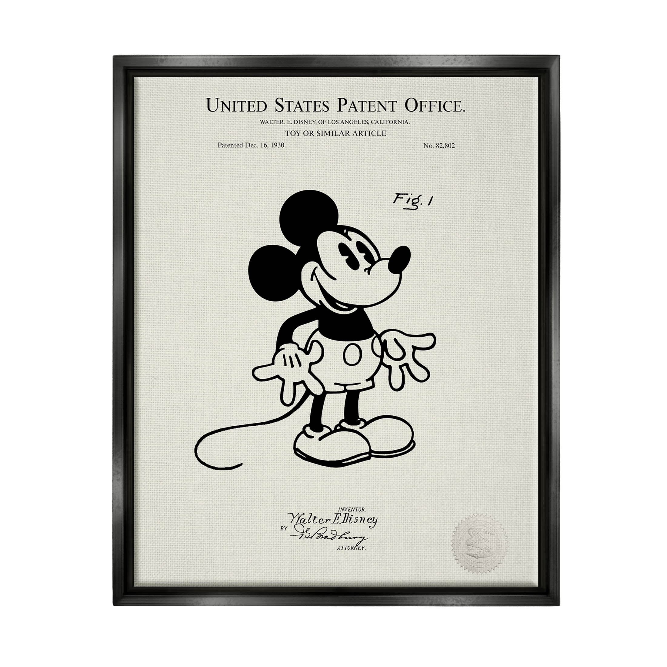Stupell Industries Vintage Cartoon Character Patent Graphic Art Jet Black Floating Framed Canvas Print Wall Art, Design by Karl Hronek