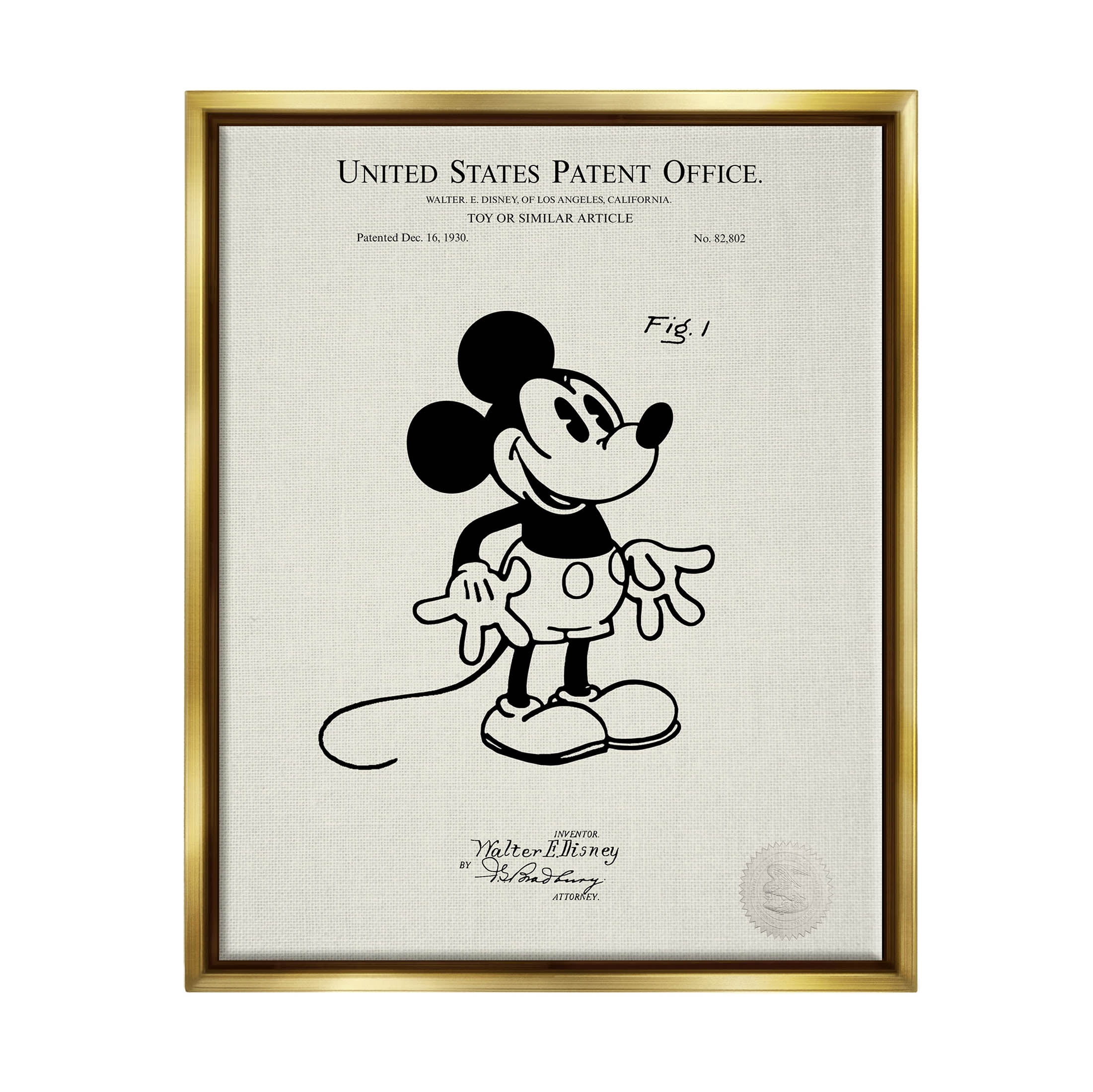 Stupell Industries Vintage Cartoon Character Patent Graphic Art Metallic Gold Floating Framed Canvas Print Wall Art, Design by Karl Hronek