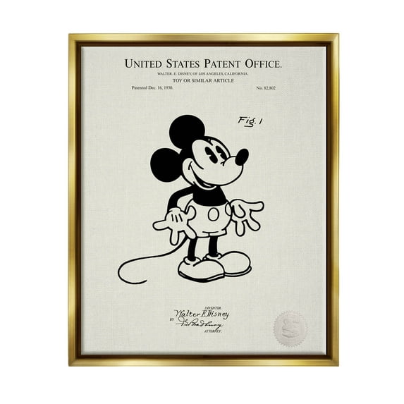 Stupell Industries Vintage Cartoon Character Patent Graphic Art Metallic Gold Floating Framed Canvas Print Wall Art, Design by Karl Hronek