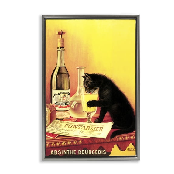 Stupell Industries Vintage Cat & Absinthe Animals Painting Gray Floater Framed Canvas Art Print Wall Art, 21 x 31