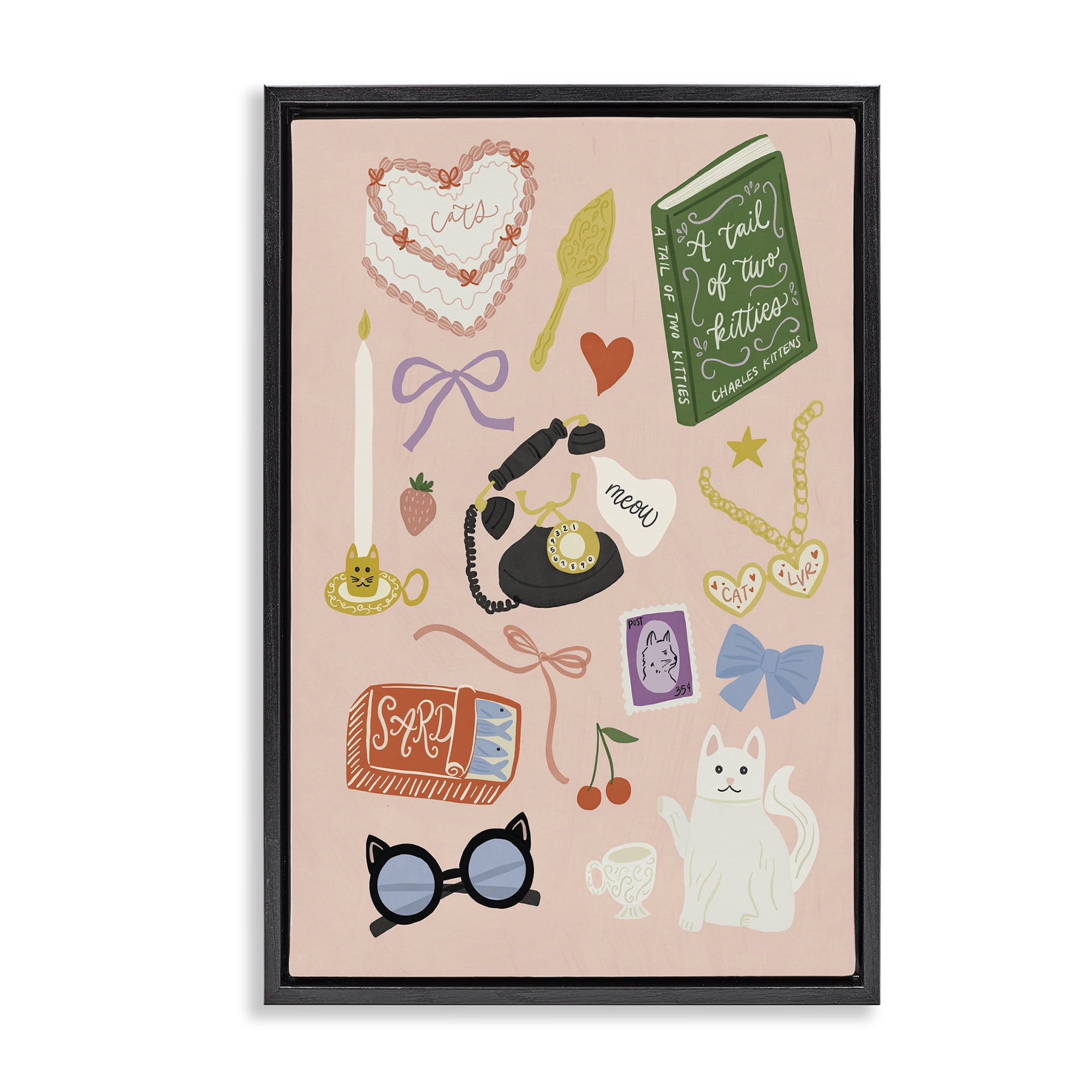 Stupell Industries Vintage Cat Lover Trinkets Black Framed Floater Canvas Wall Art, design by Amanda Houston
