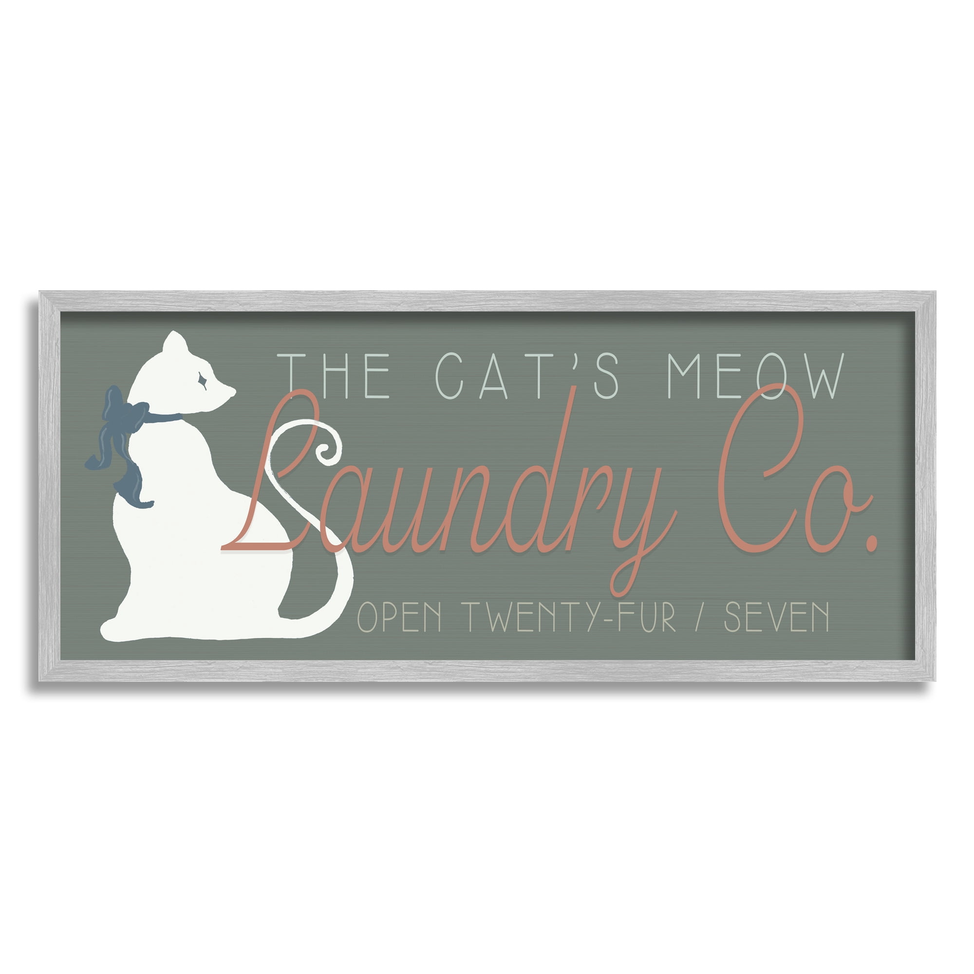 Stupell Industries Vintage Cat's Meow Laundry Novelty Painting Gray Framed Art Print Wall Art, 24 x 10
