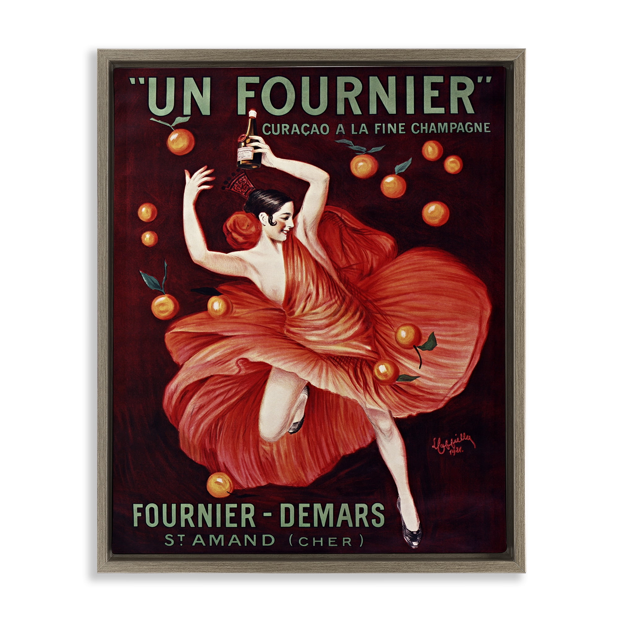 Stupell Industries Vintage Champagne Dancer in Red Brown Framed Floater Canvas Wall Art, design by Leonetto Cappiello