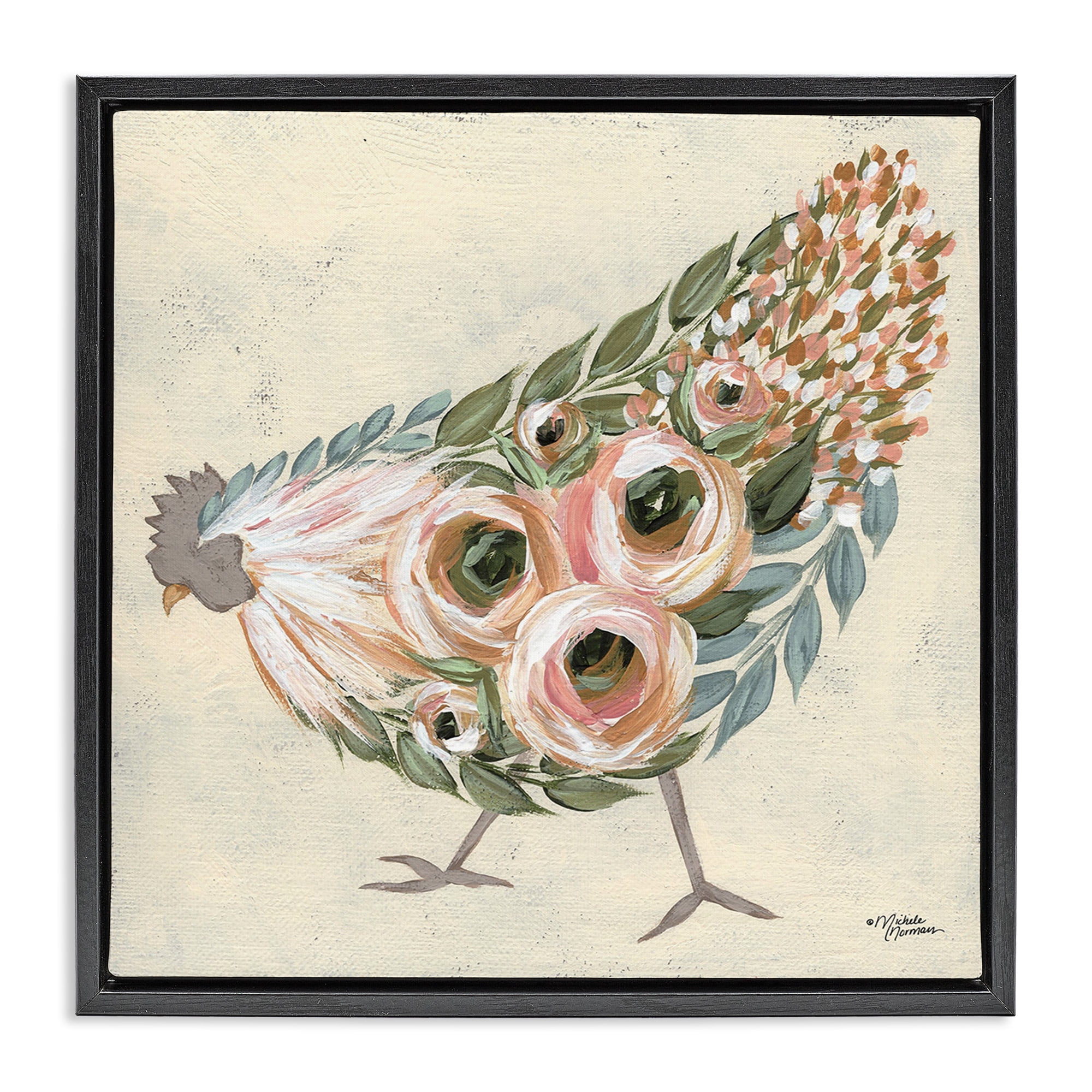 Stupell Industries Vintage Chicken with Floral Body Animals & Insects Painting Black Floater Framed Canvas Art Print Wall Art, 18 x 18