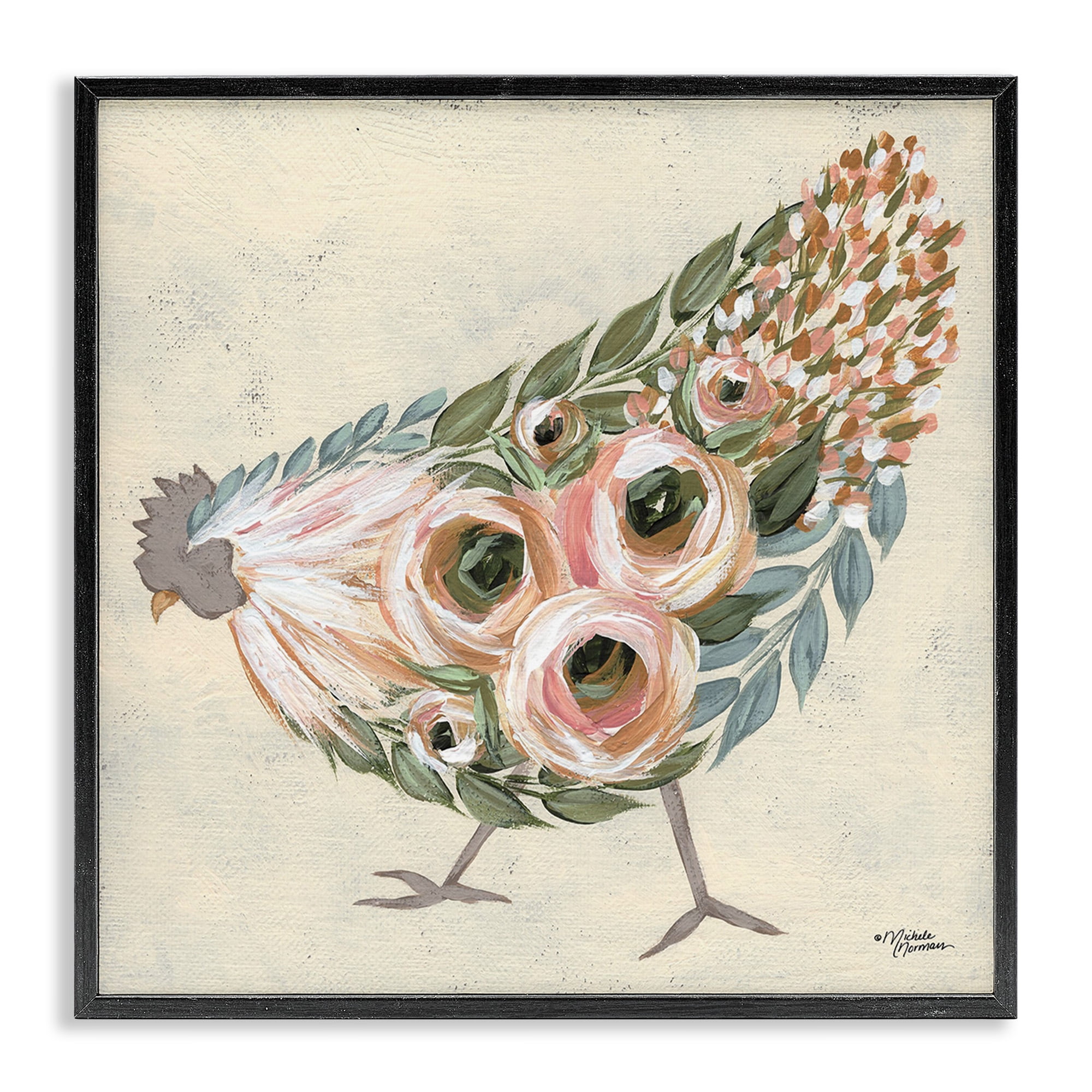 Stupell Industries Vintage Chicken with Floral Body Animals & Insects Painting Black Framed Art Print Wall Art, 17 x 17