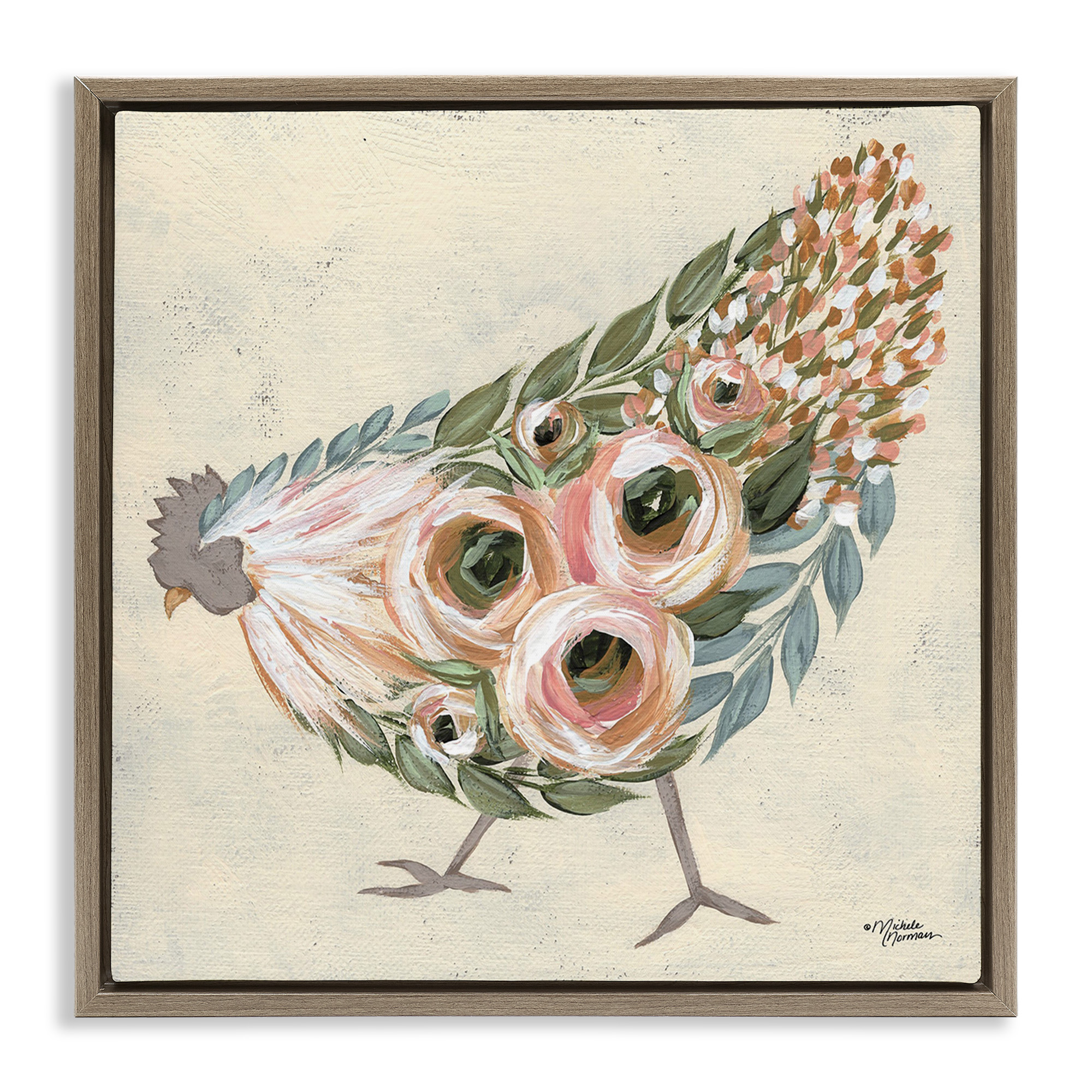 Stupell Industries Vintage Chicken with Floral Body Animals & Insects Painting Brown Floater Framed Canvas Art Print Wall Art, 18 x 18