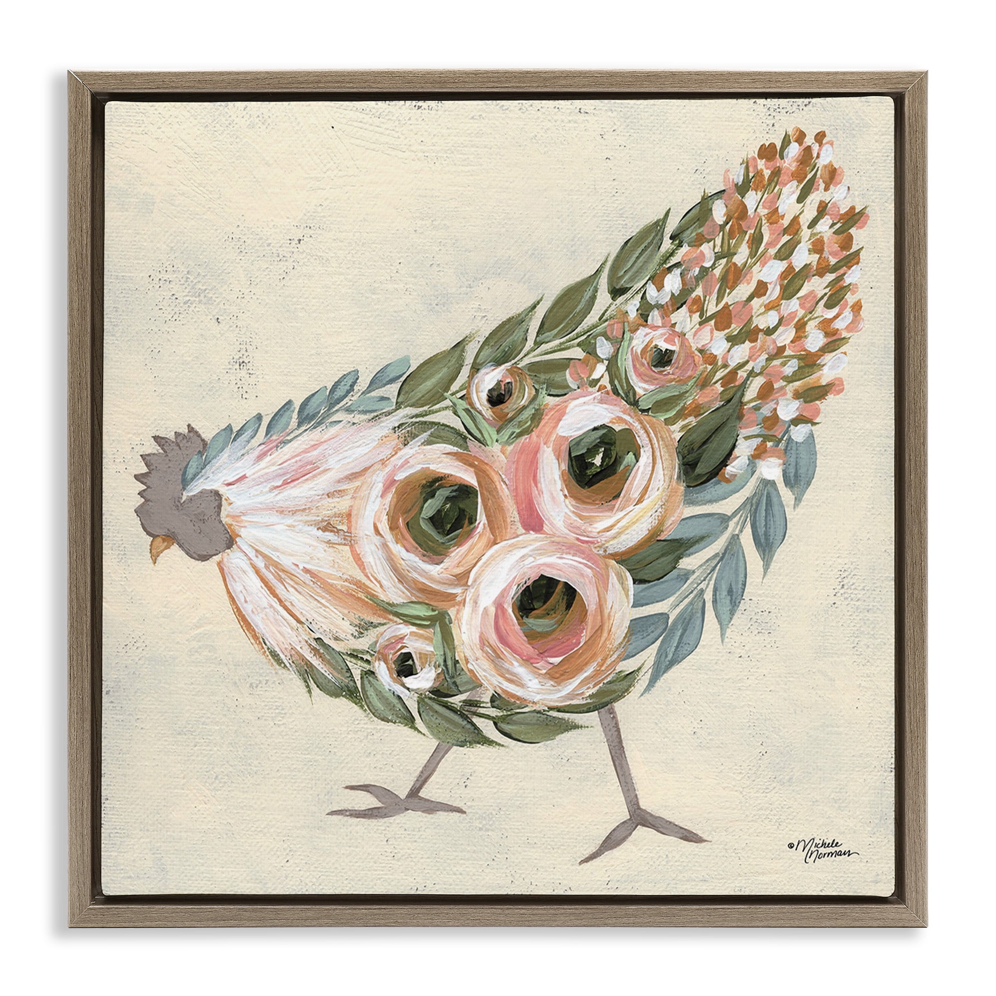 Stupell Industries Vintage Chicken with Floral Body Animals & Insects Painting Brown Floater Framed Canvas Art Print Wall Art, 25 x 25