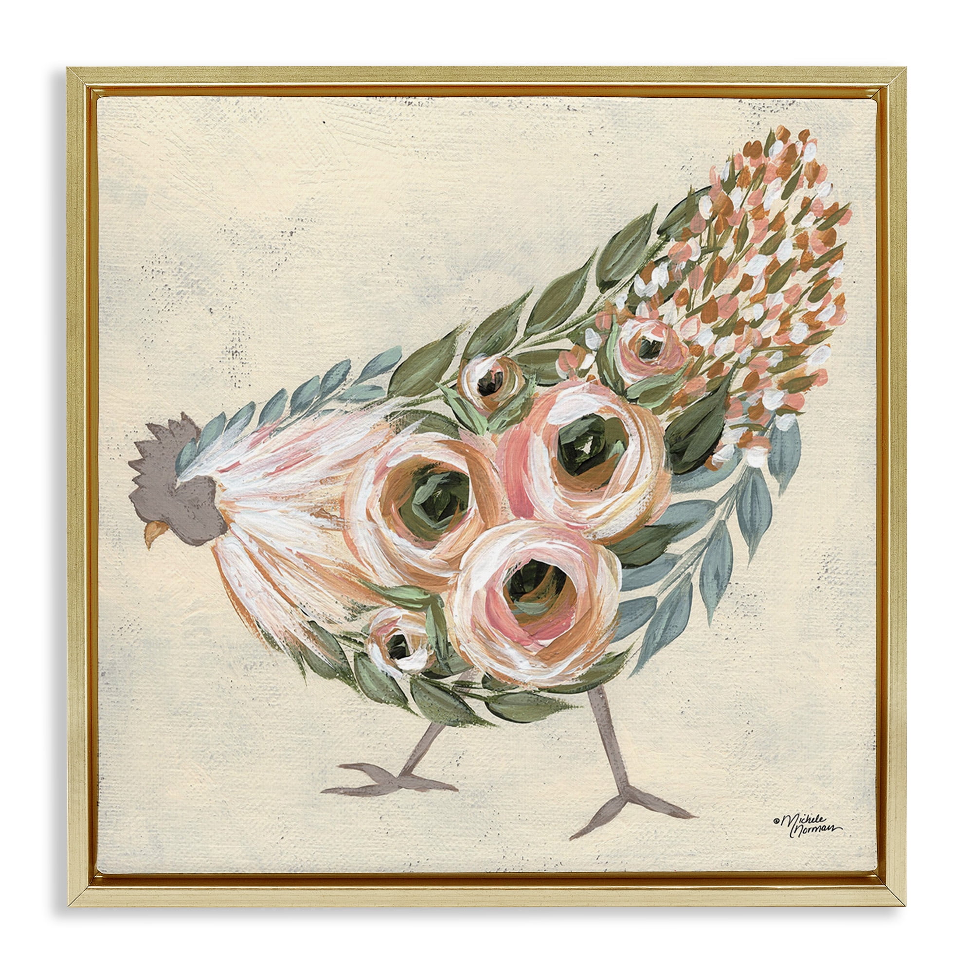 Stupell Industries Vintage Chicken with Floral Body Animals & Insects Painting Gold Floater Framed Canvas Art Print Wall Art, 18 x 18