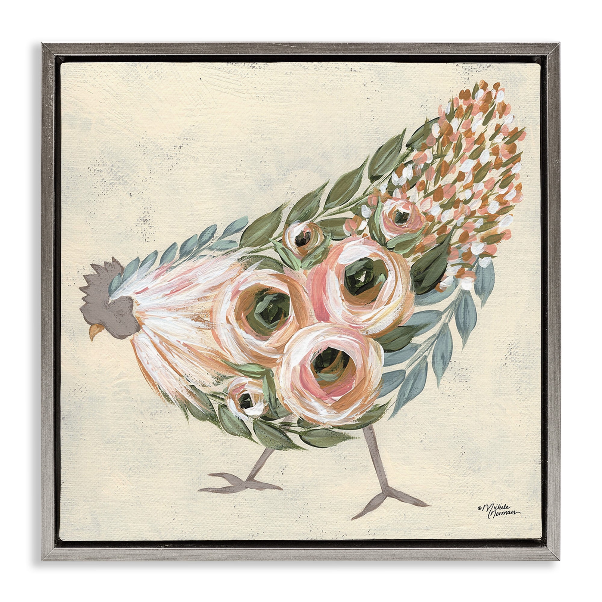 Stupell Industries Vintage Chicken with Floral Body Animals & Insects Painting Gray Floater Framed Canvas Art Print Wall Art, 18 x 18