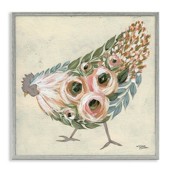 Stupell Industries Vintage Chicken with Floral Body Animals & Insects Painting Gray Framed Art Print Wall Art, 12 x 12