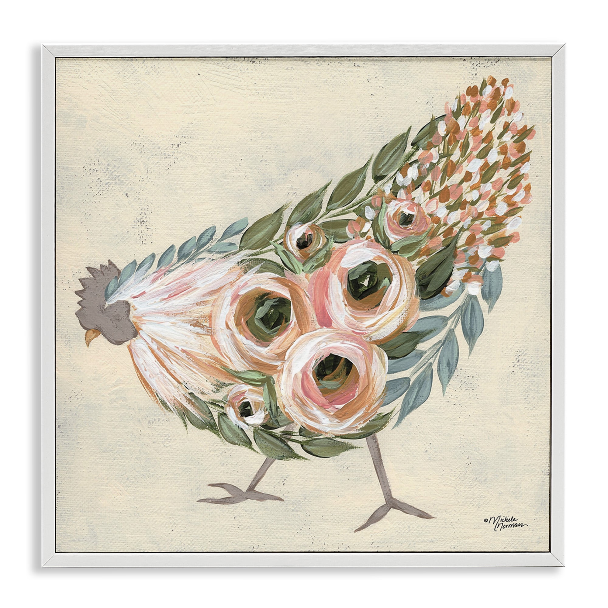 Vintage Floral Chicken Print with White Frame, 17 x 17