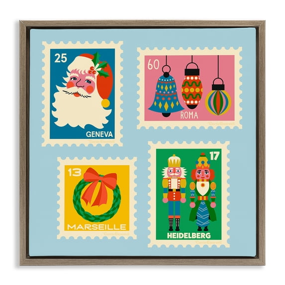 Stupell Industries Vintage Christmas Postage Stamps Holiday Painting Brown Floater Framed Canvas Art Print Wall Art, 18 x 18