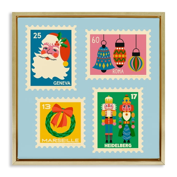 Stupell Industries Vintage Christmas Postage Stamps Holiday Painting Gold Floater Framed Canvas Art Print Wall Art, 25 x 25