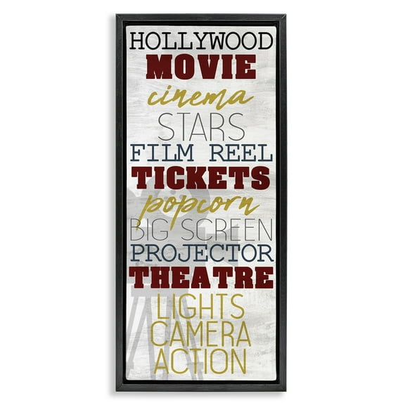 Stupell Industries Vintage Cinema Projector Phrases Typography Painting Black Floater Framed Canvas Art Print Wall Art, 11 x 25