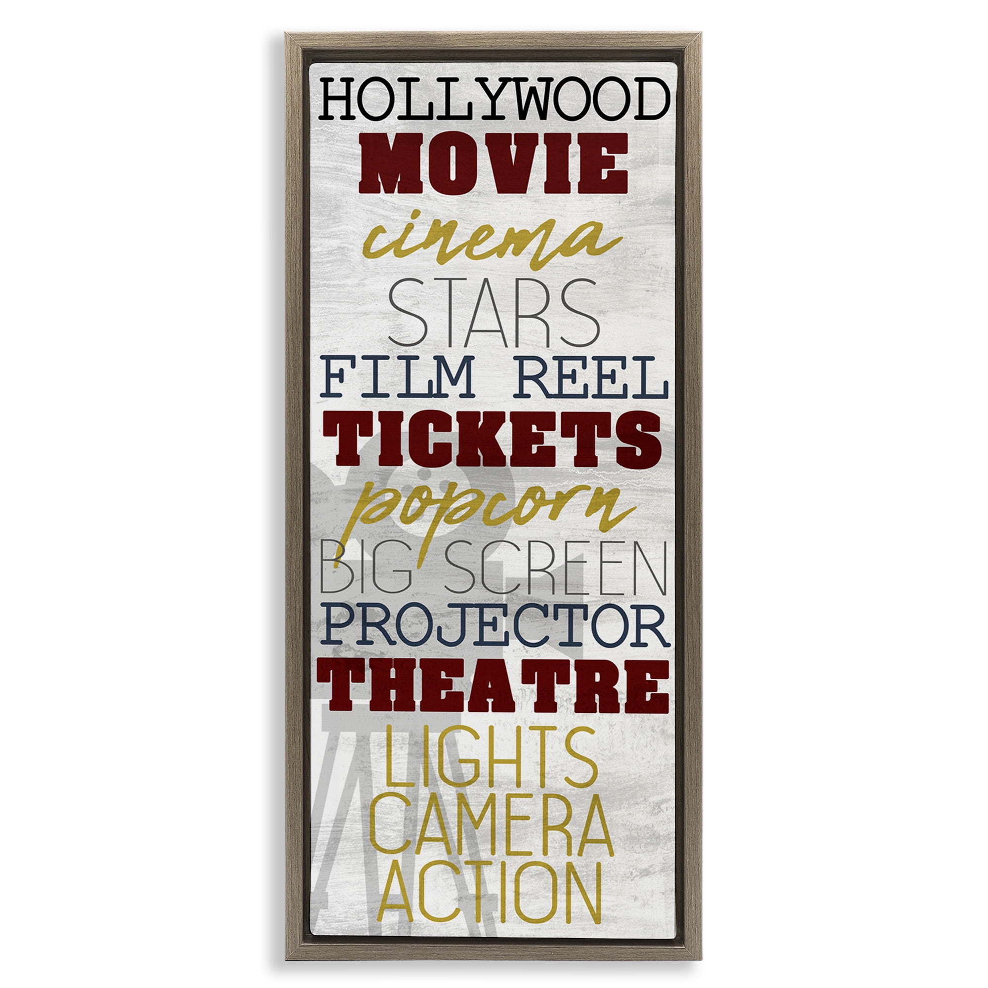 Stupell Industries Vintage Cinema Projector Phrases Typography Painting Brown Floater Framed Canvas Art Print Wall Art, 11 x 25