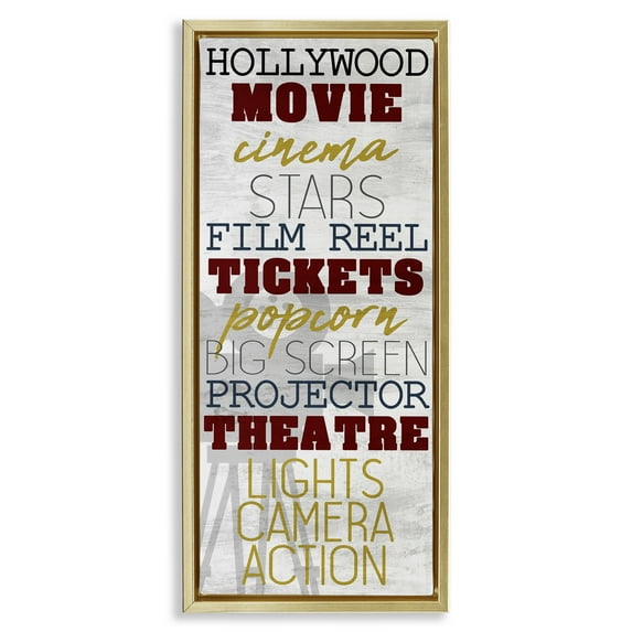 Stupell Industries Vintage Cinema Projector Phrases Typography Painting Gold Floater Framed Canvas Art Print Wall Art, 11 x 25