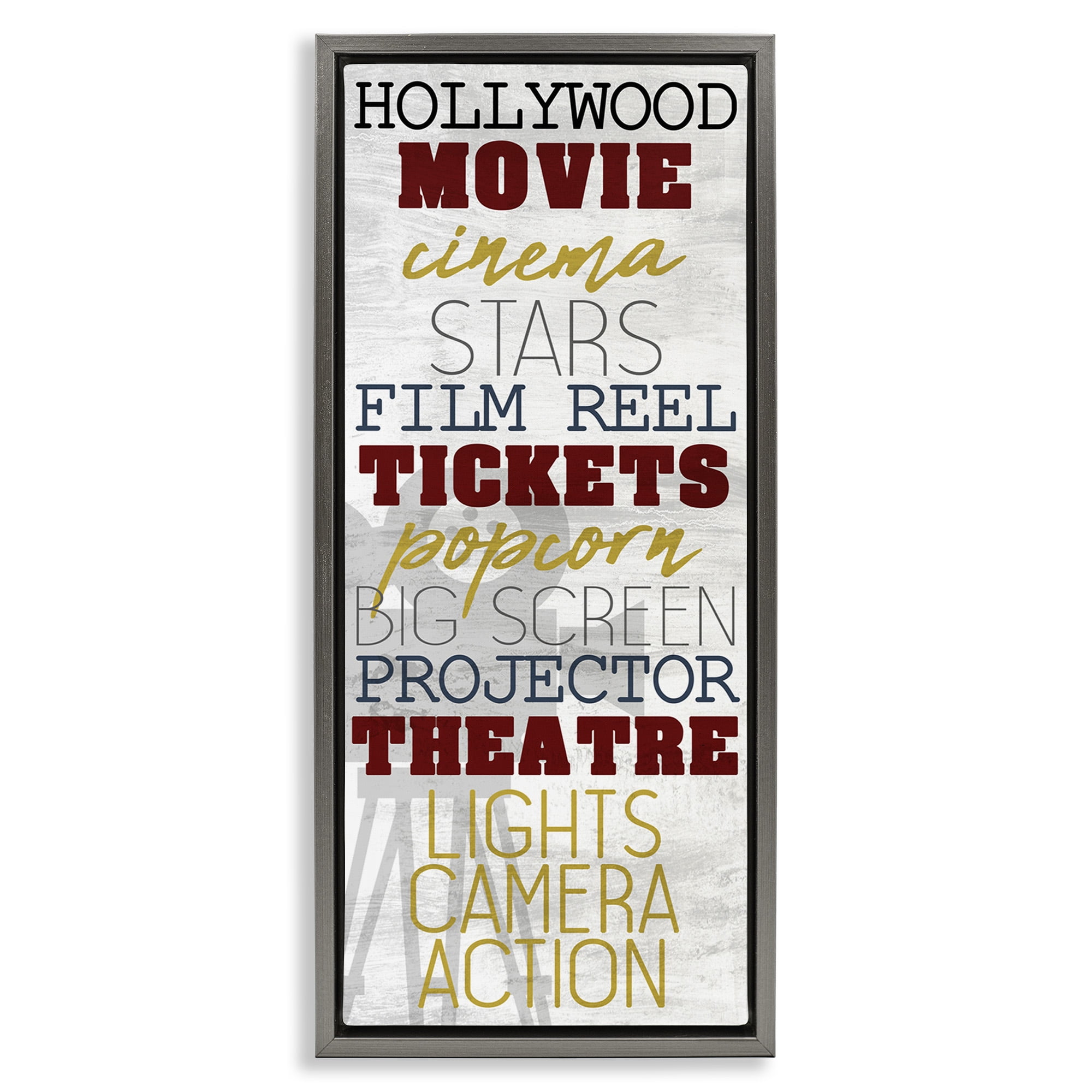 Stupell Industries Vintage Cinema Projector Phrases Typography Painting Gray Floater Framed Canvas Art Print Wall Art, 15 x 31