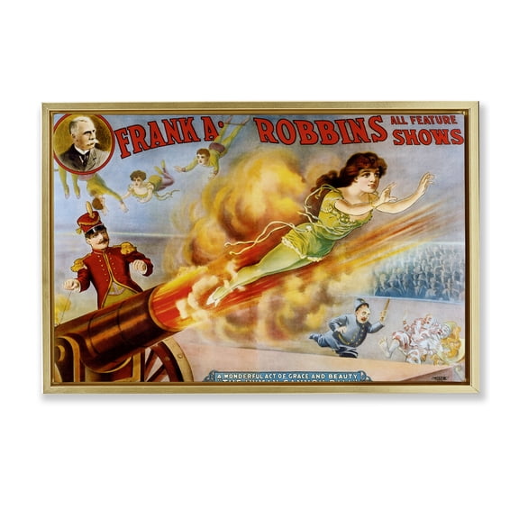 Stupell Industries Vintage Circus Advertisement Advertisements Painting Gold Floater Framed Canvas Art Print Wall Art, 31 x 21