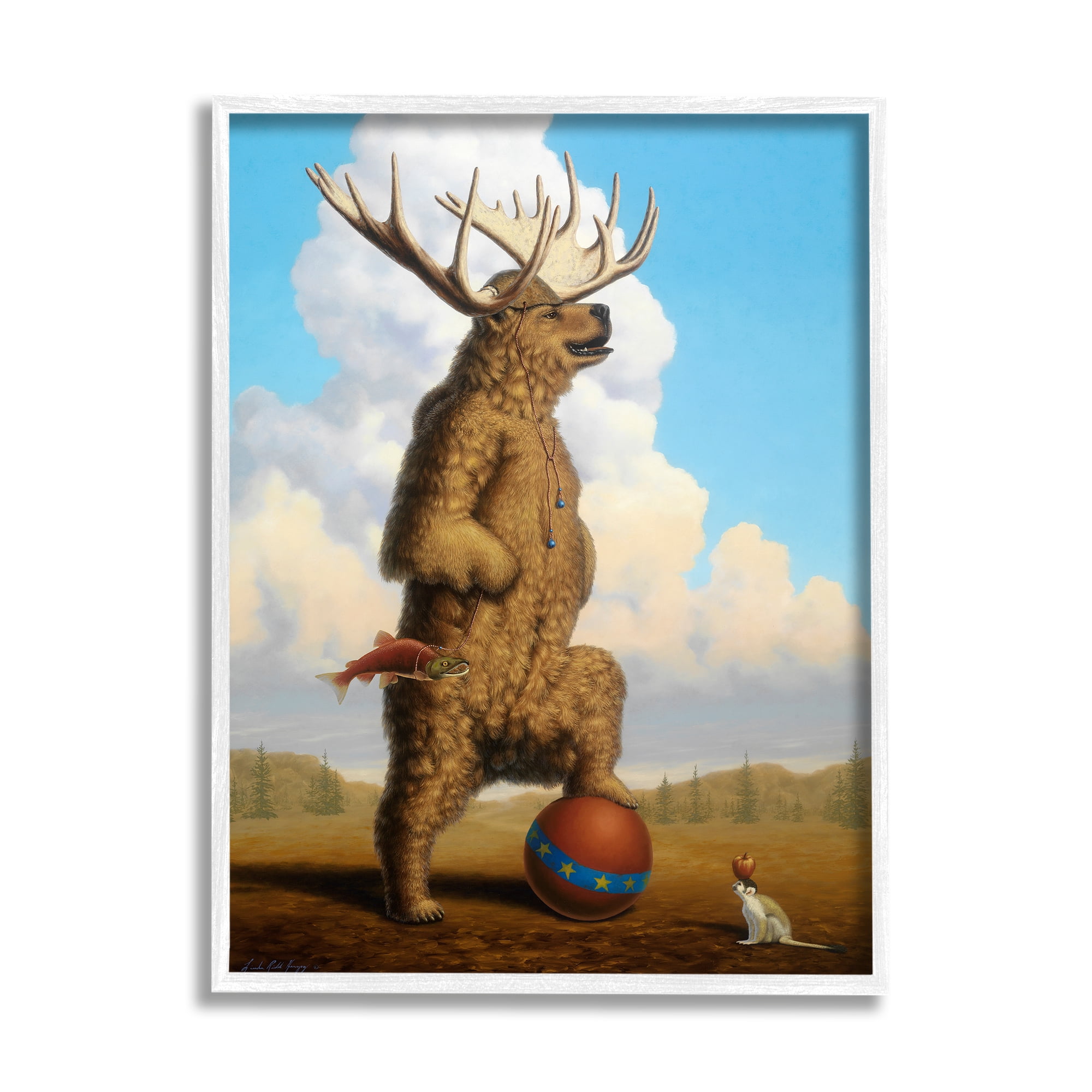 Stupell Industries Vintage Circus Bear in Horned Animal Helmet Traditional Painting White Framed Art Print Wall Art, 24 x 30, Design by Linda Ridd Herzon