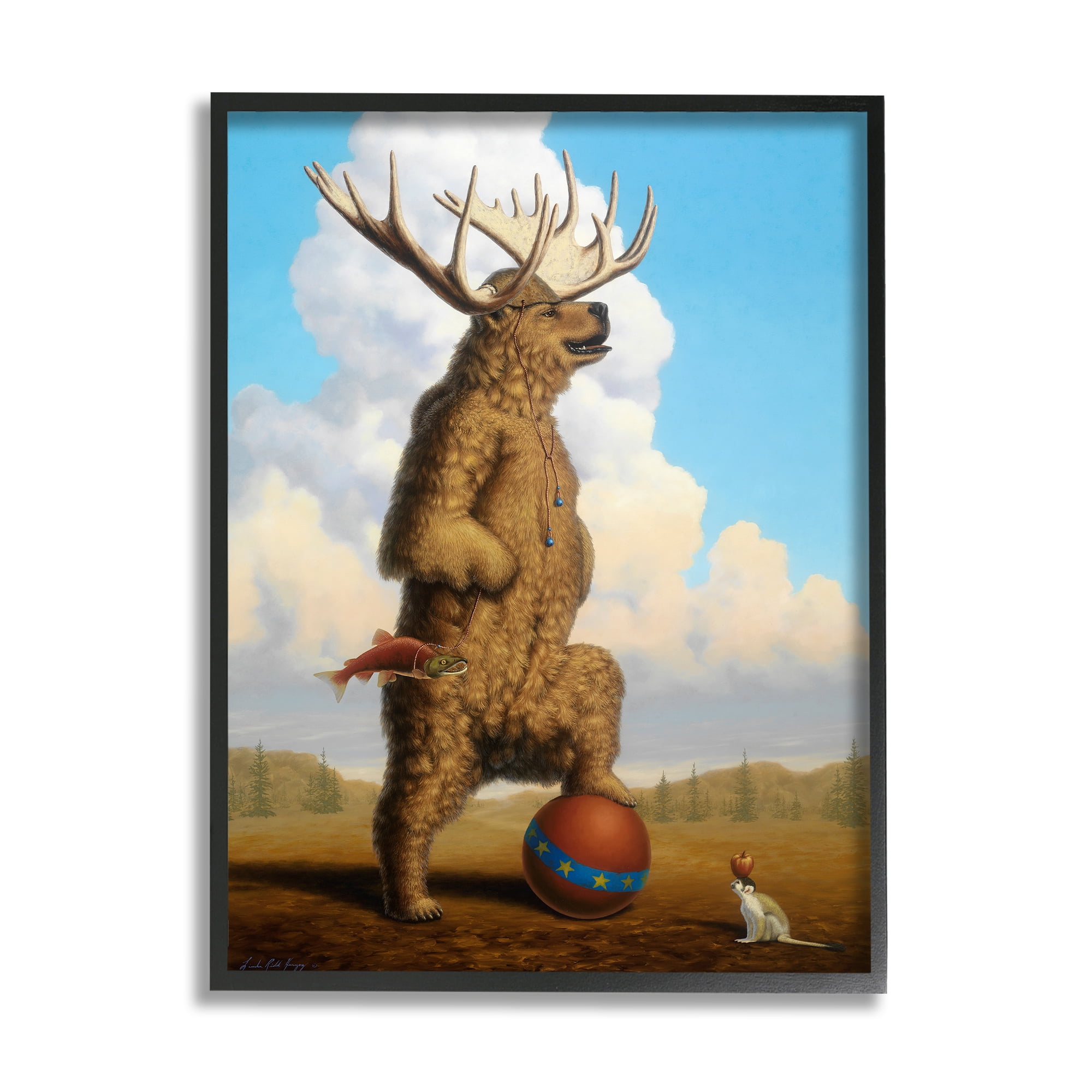 Stupell Industries Vintage Circus Bear in Horned Animal Helmet Animals & Insects Painting Black Framed Art Print Wall Art, 11 x 14