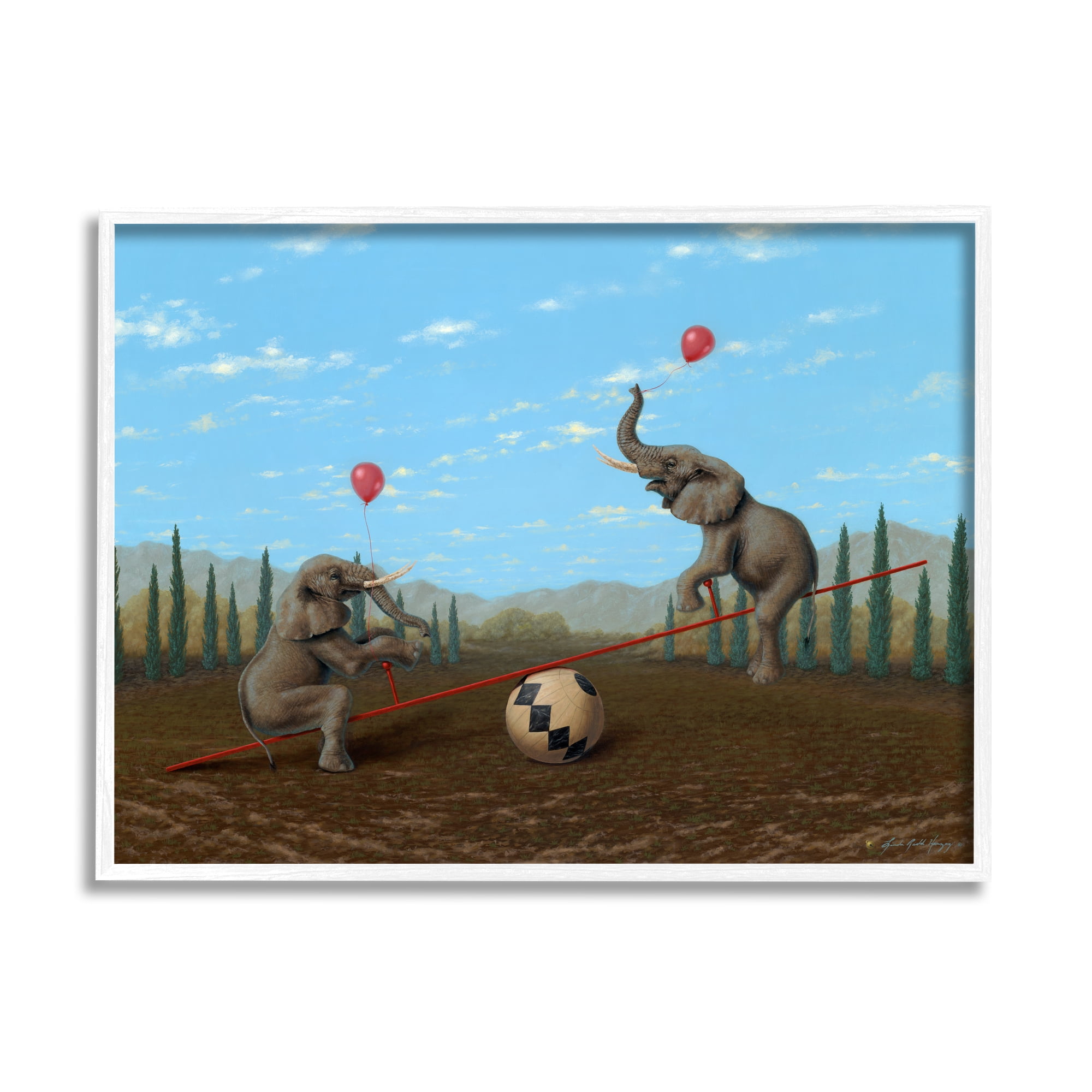 Stupell Industries Vintage Circus Elephant Balancing Ball Act Animals & Insects Painting White Framed Art Print Wall Art, 11 x 14