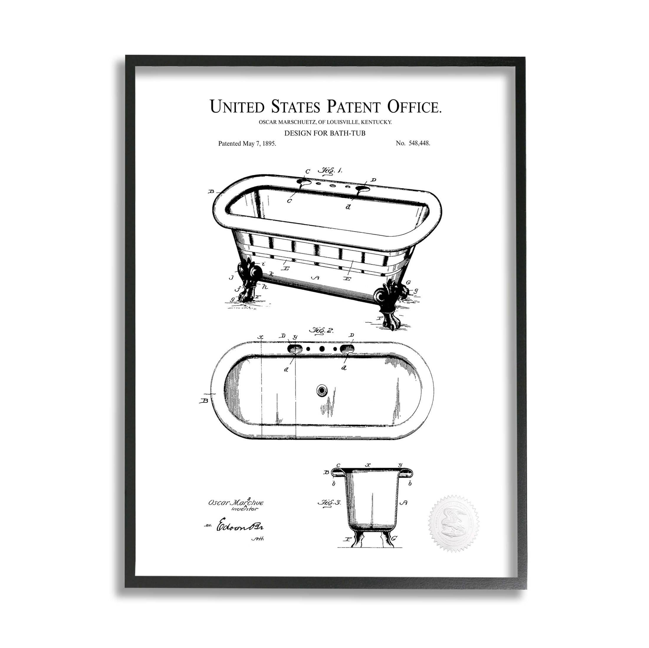 Stupell Industries Vintage Claw Tub Patent Graphic Art Black Framed Art Print Wall Art, Design by Karl Hronek
