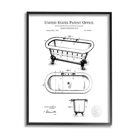 Stupell Industries Vintage Claw Tub Patent Graphic Art Black Framed Art Print Wall Art, Design by Karl Hronek