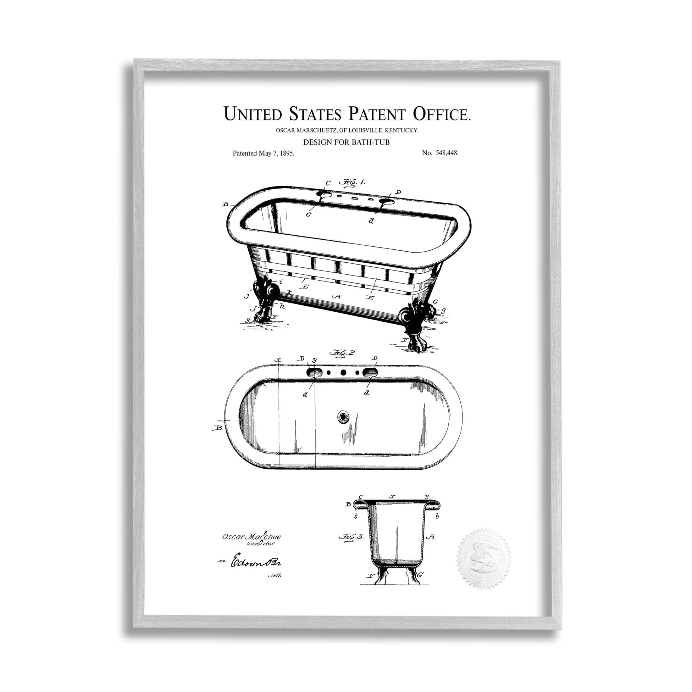 Stupell Industries Vintage Claw Tub Patent Graphic Art Gray Framed Art Print Wall Art, Design by Karl Hronek