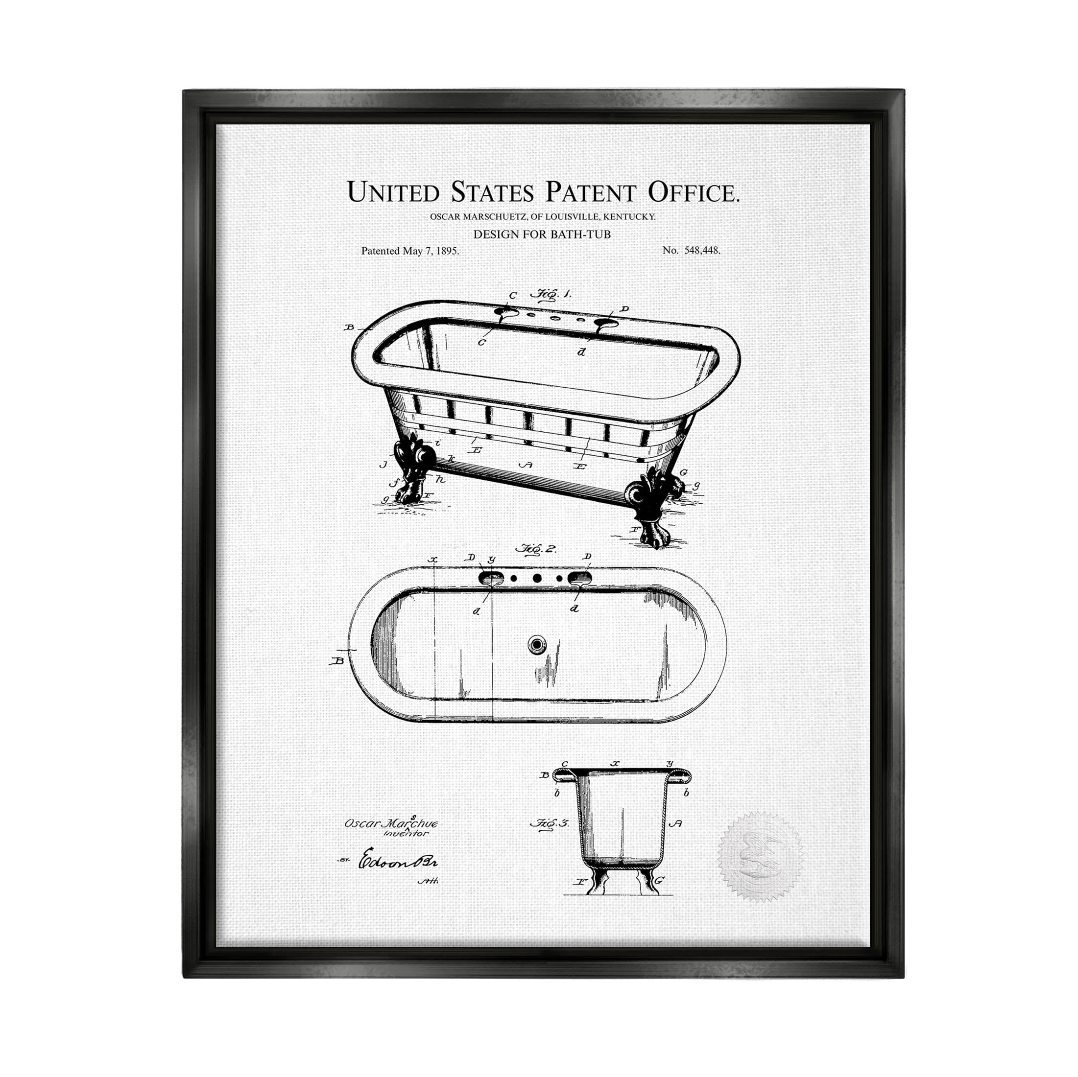 Stupell Industries Vintage Claw Tub Patent Graphic Art Jet Black Floating Framed Canvas Print Wall Art, Design by Karl Hronek