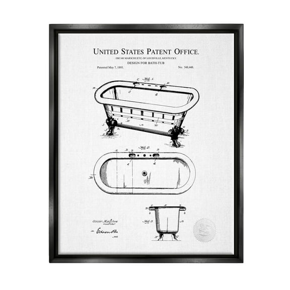 Stupell Industries Vintage Claw Tub Patent Graphic Art Jet Black Floating Framed Canvas Print Wall Art, Design by Karl Hronek