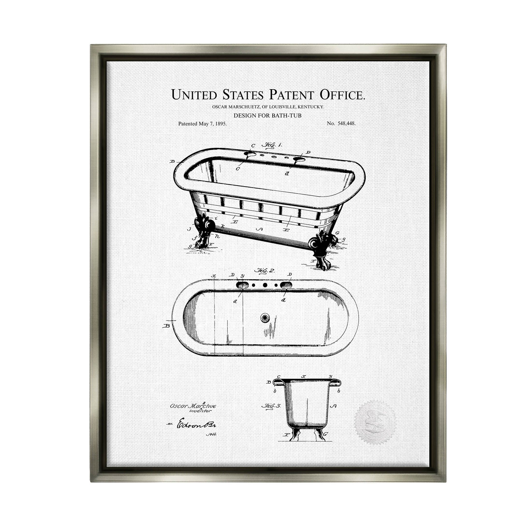 Stupell Industries Vintage Claw Tub Patent Graphic Art Luster Gray Floating Framed Canvas Print Wall Art, Design by Karl Hronek