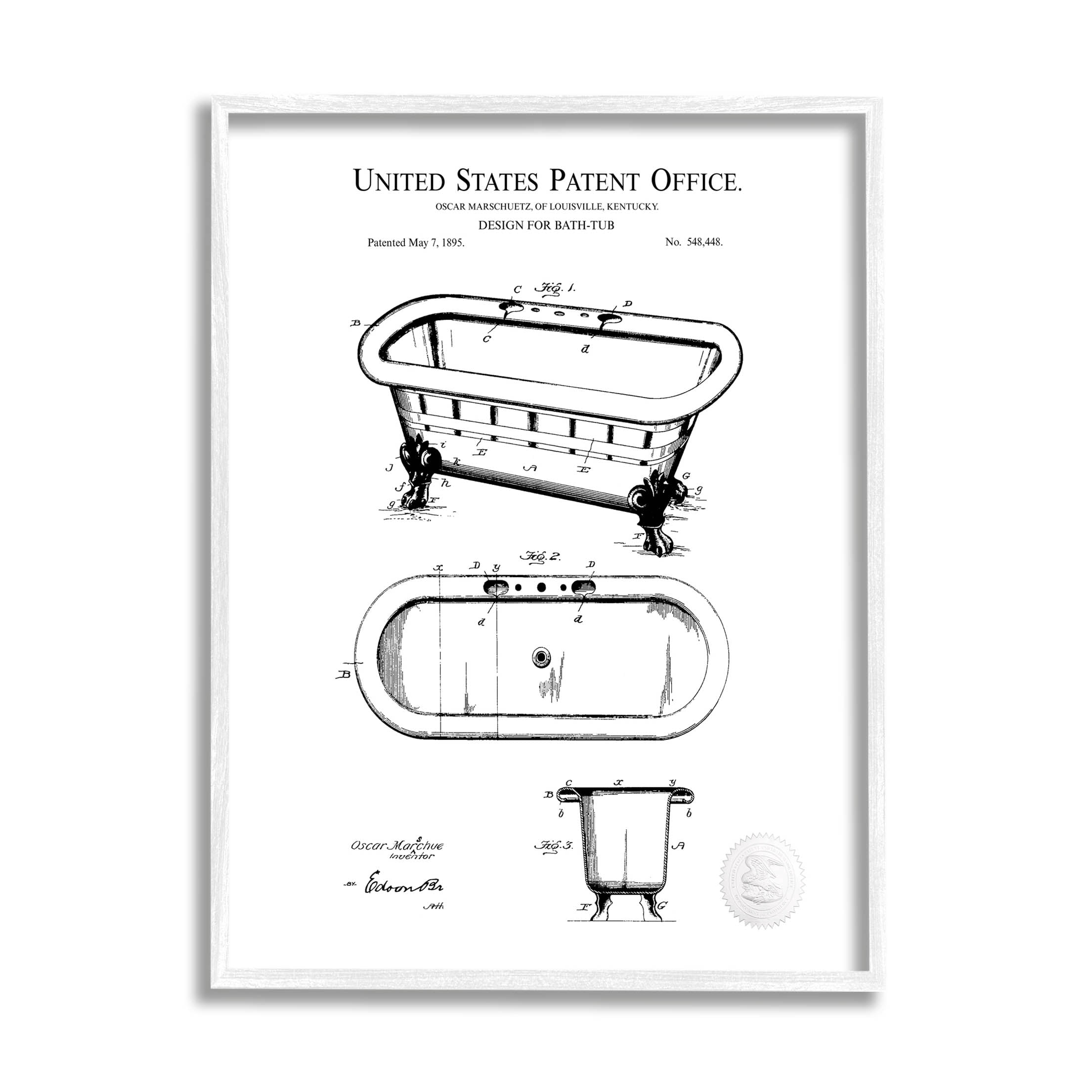 Stupell Industries Vintage Claw Tub Patent Graphic Art White Framed Art Print Wall Art, Design by Karl Hronek