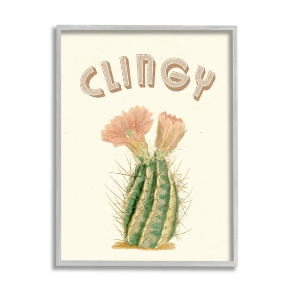 Stupell Industries Vintage Clingy Typography Prickly Floral Desert Cactus Botanical & Floral Painting Gray Framed Art Print Wall Art, 11 x 14