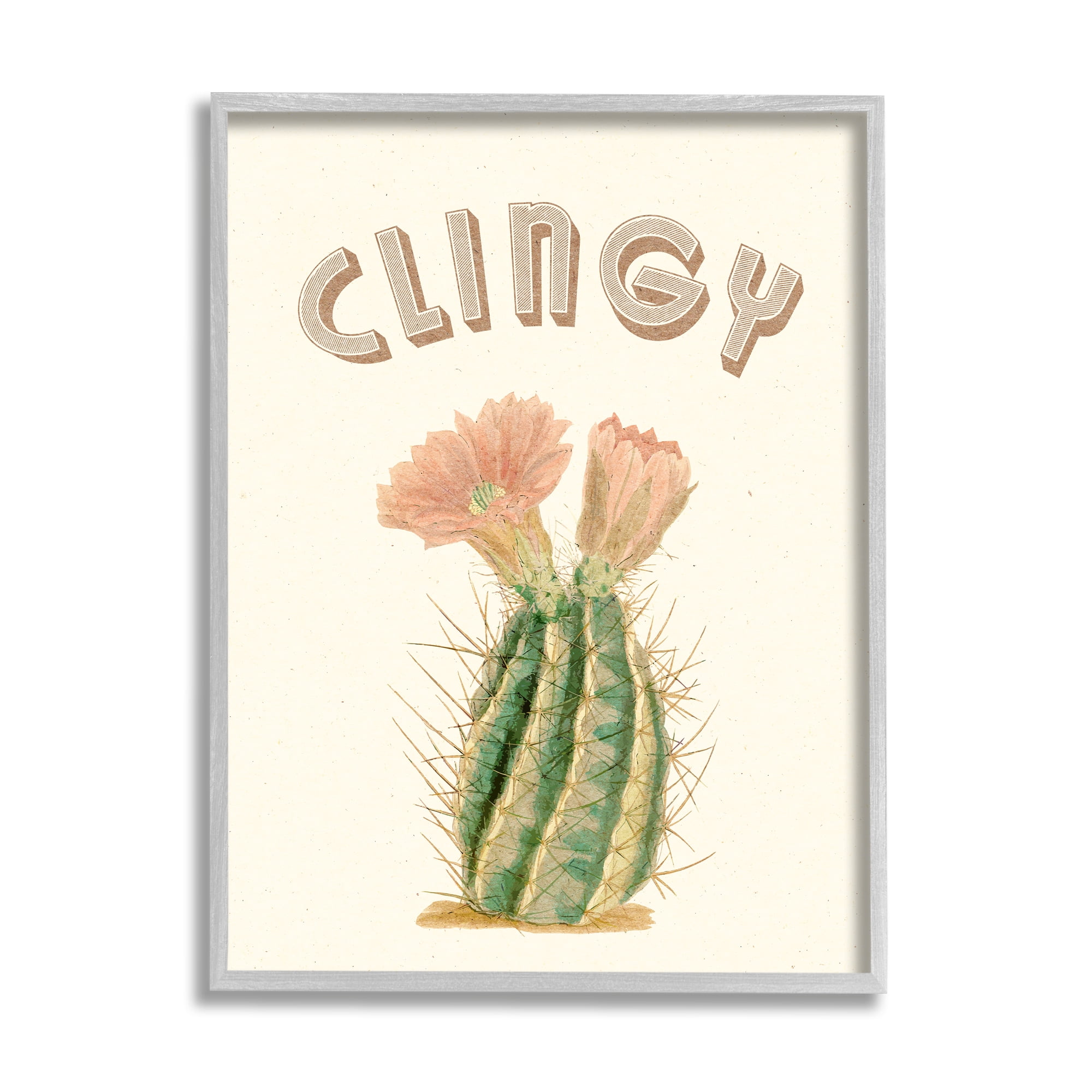 Stupell Industries Vintage Clingy Typography Prickly Floral Desert Cactus Botanical & Floral Painting Gray Framed Art Print Wall Art, 24 x 30
