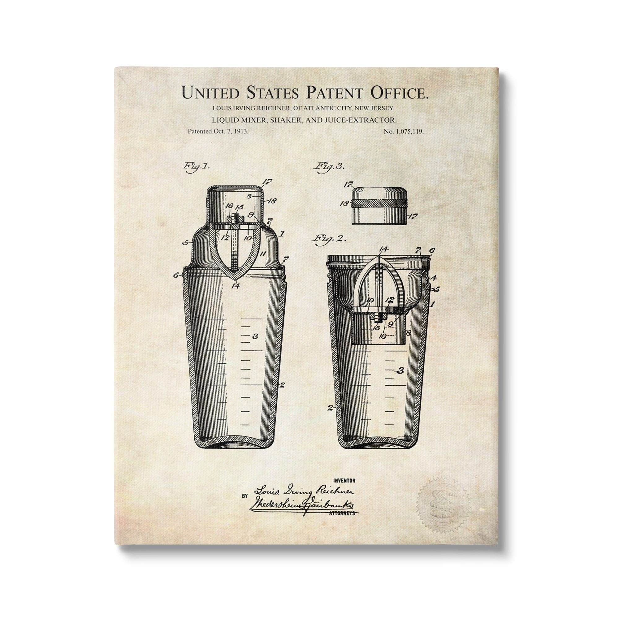 Stupell Industries Vintage Cocktail Drink Mixer Diagram Patent Text Canvas Wall Art, 30 x 40, Design by Karl Hronek