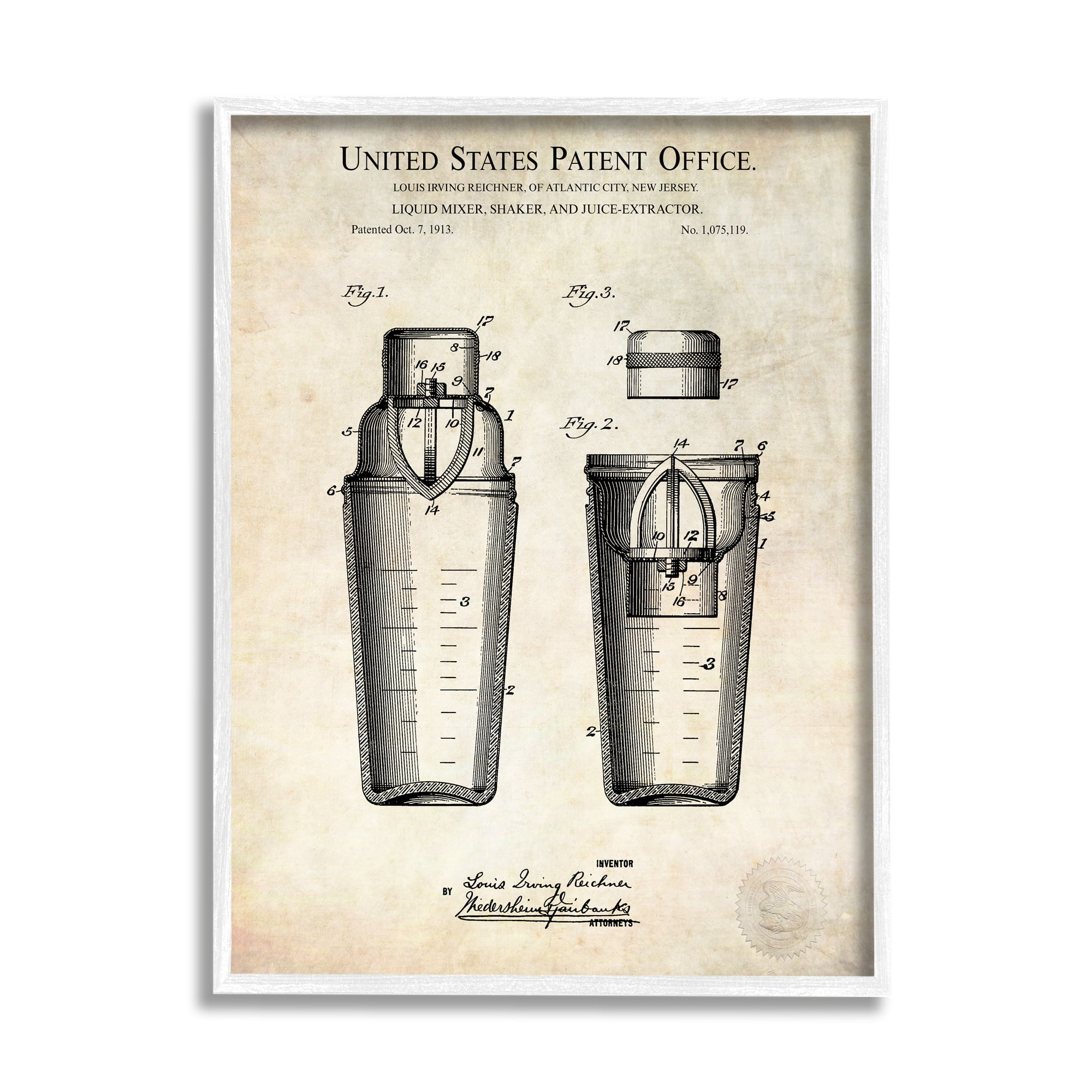 Stupell Industries Vintage Cocktail Drink Mixer Diagram Patent Text Framed Wall Art, 24 x 30, Design by Karl Hronek