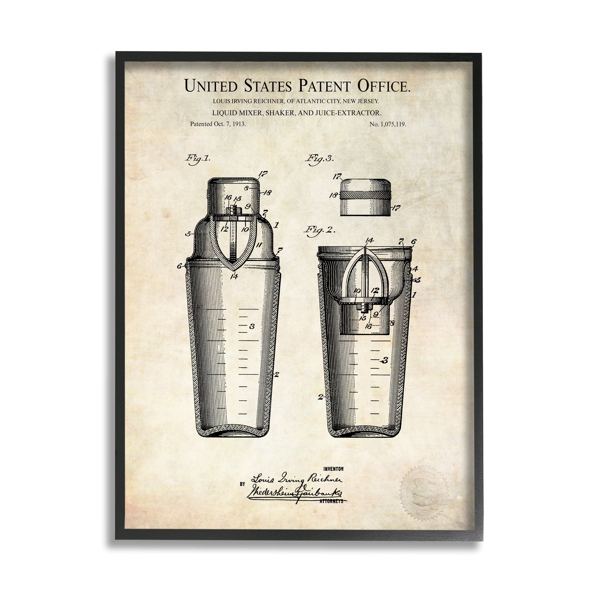 Stupell Industries Vintage Cocktail Drink Mixer Diagram Patent Text Framed Wall Art, 24 x 30, Design by Karl Hronek