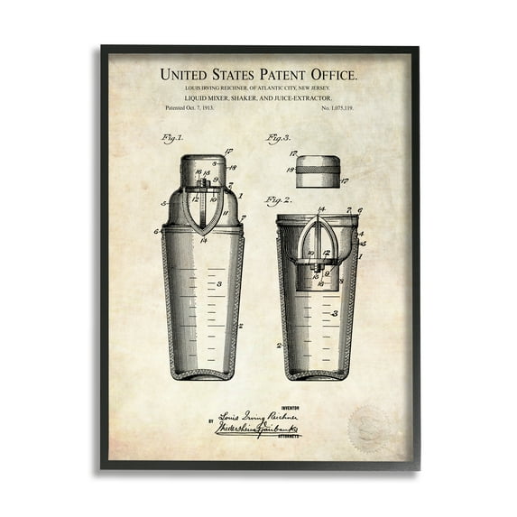 Stupell Industries Vintage Cocktail Drink Mixer Diagram Patent Text Framed Wall Art, 24 x 30, Design by Karl Hronek