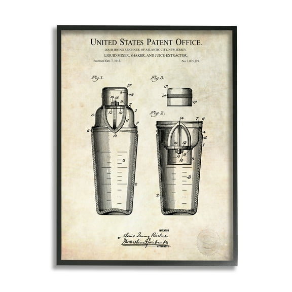 Stupell Industries Vintage Cocktail Drink Mixer Diagram Patent Text Framed Wall Art, 24 x 30, Design by Karl Hronek