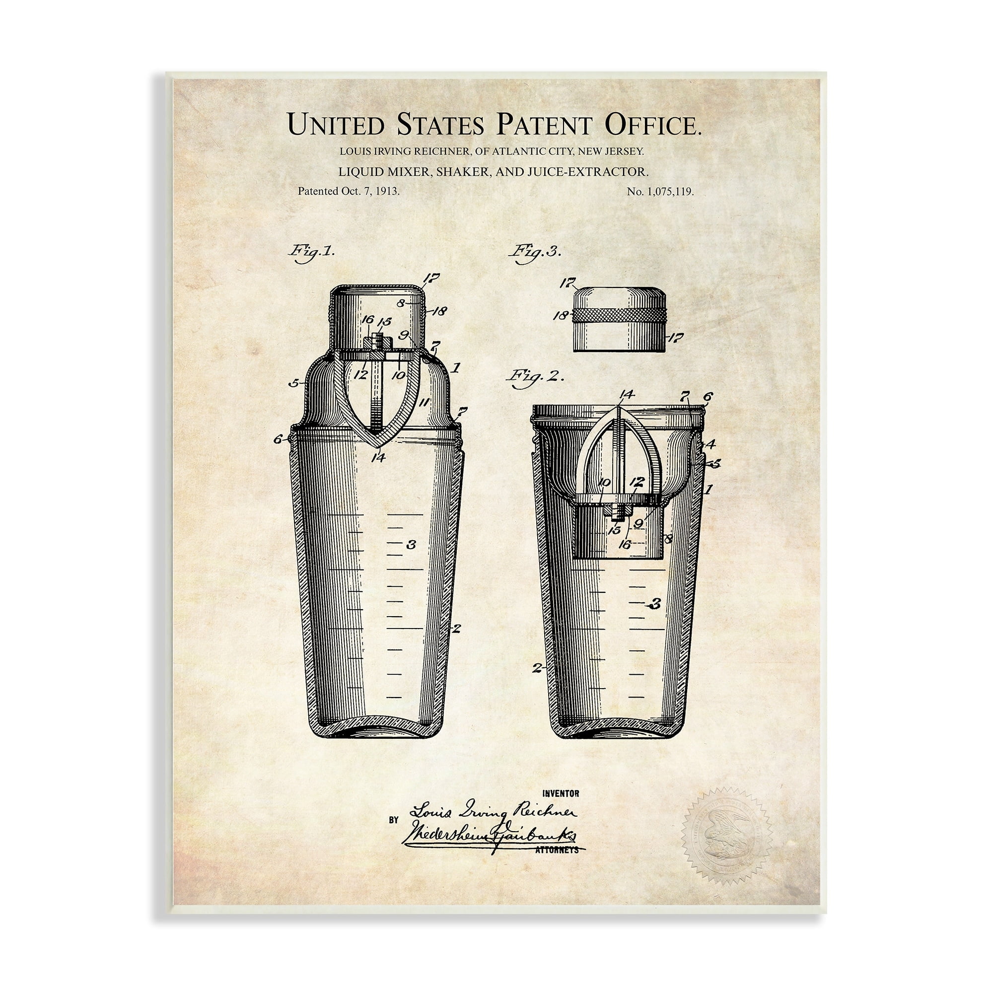 Stupell Industries Vintage Cocktail Drink Mixer Diagram Patent Text Wood Wall Art, 10 x 15, Design by Karl Hronek