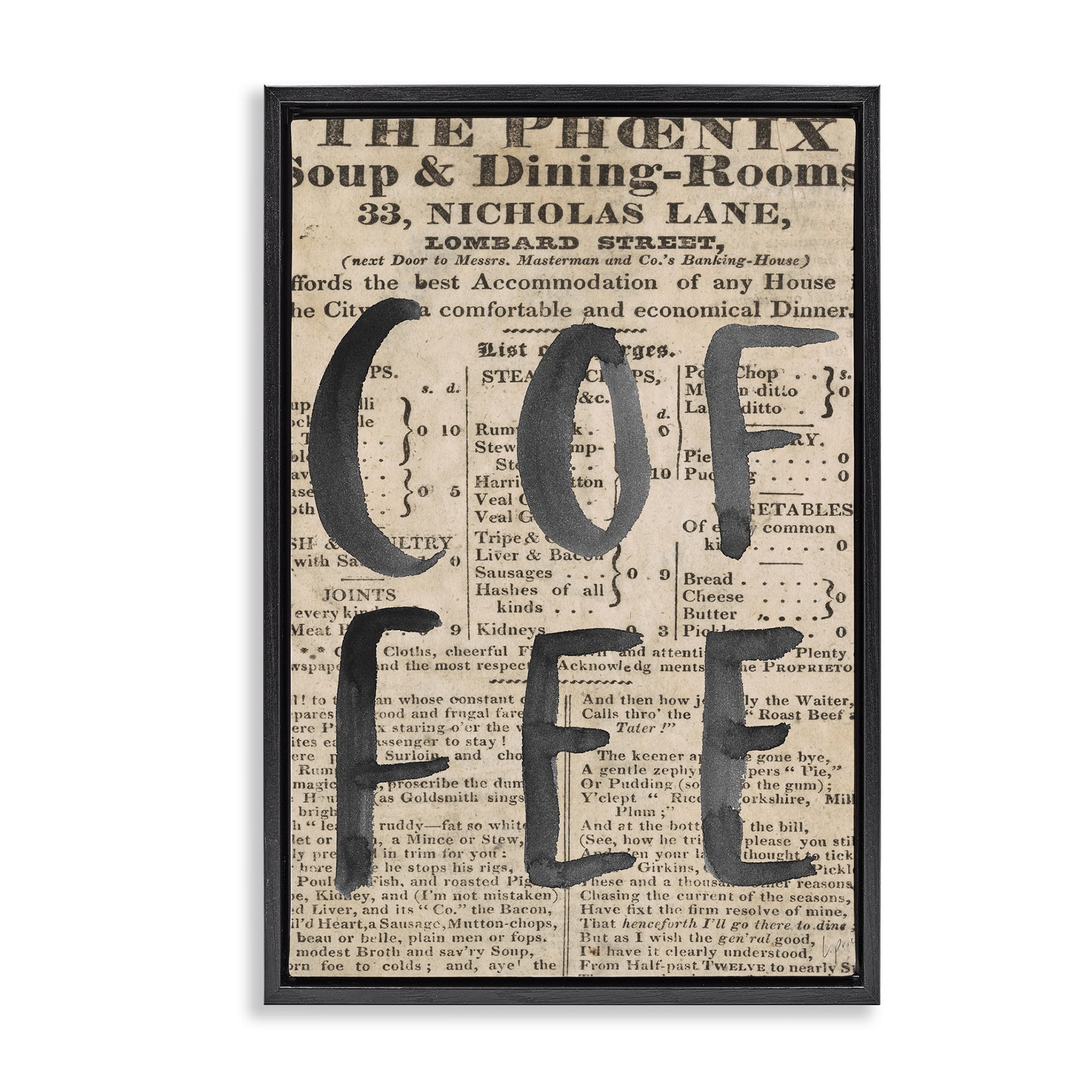 Stupell Industries Vintage Coffee Newspaper Black Framed Floater Canvas Wall Art, design by Lucille Price