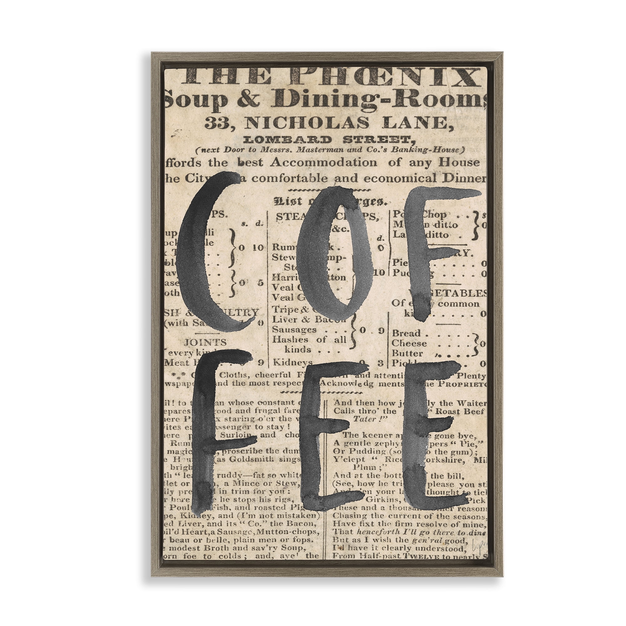 Stupell Industries Vintage Coffee Newspaper Brown Framed Floater Canvas Wall Art, design by Lucille Price