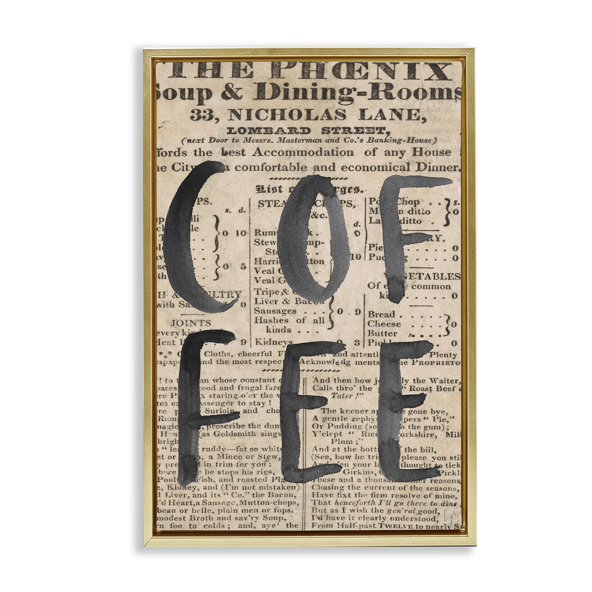 Stupell Industries Vintage Coffee Newspaper Gold Framed Floater Canvas Wall Art, design by Lucille Price