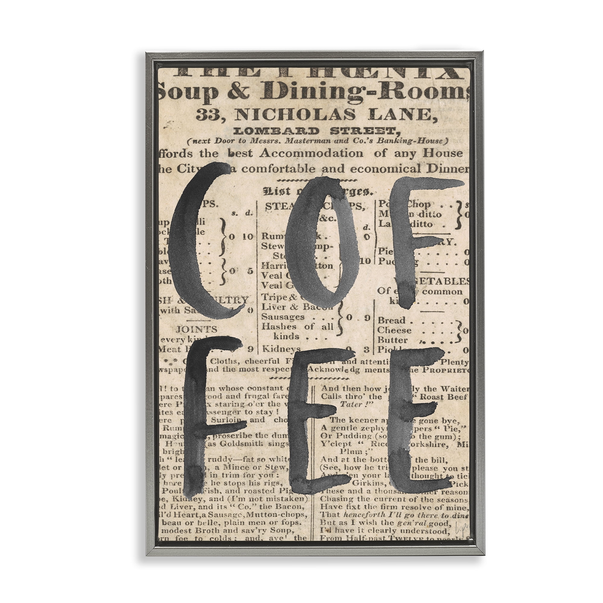 Stupell Industries Vintage Coffee Newspaper Gray Framed Floater Canvas Wall Art, design by Lucille Price