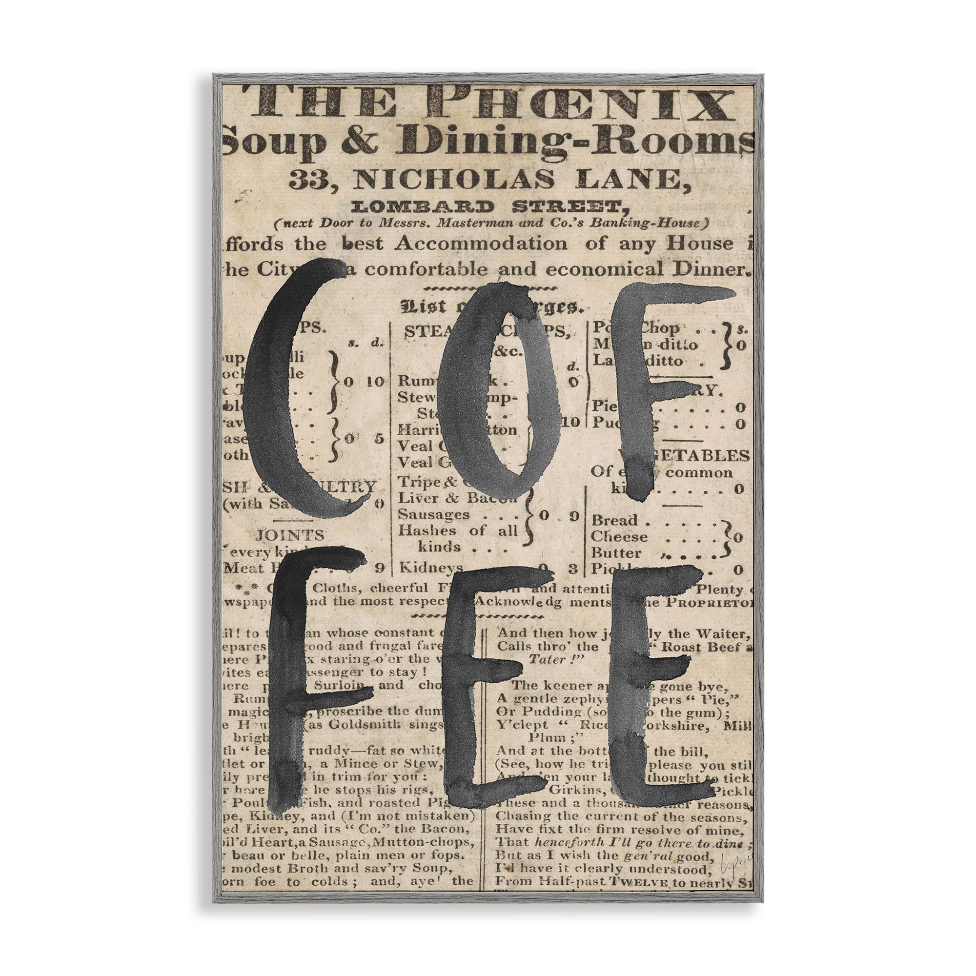 Stupell Industries Vintage Coffee Newspaper Gray Framed Giclee Art, design by Lucille Price