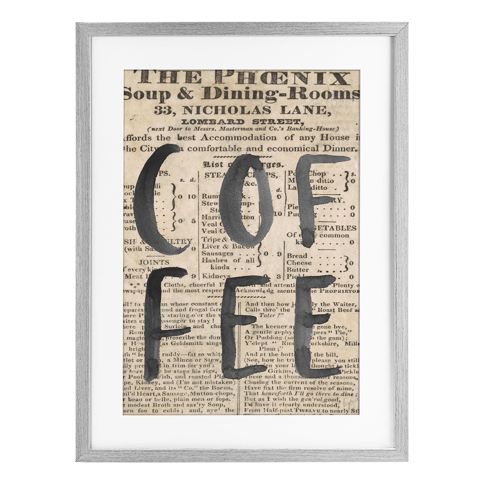 Stupell Industries Vintage Coffee Newspaper Gray Framed Print Under Glass, design by Lucille Price