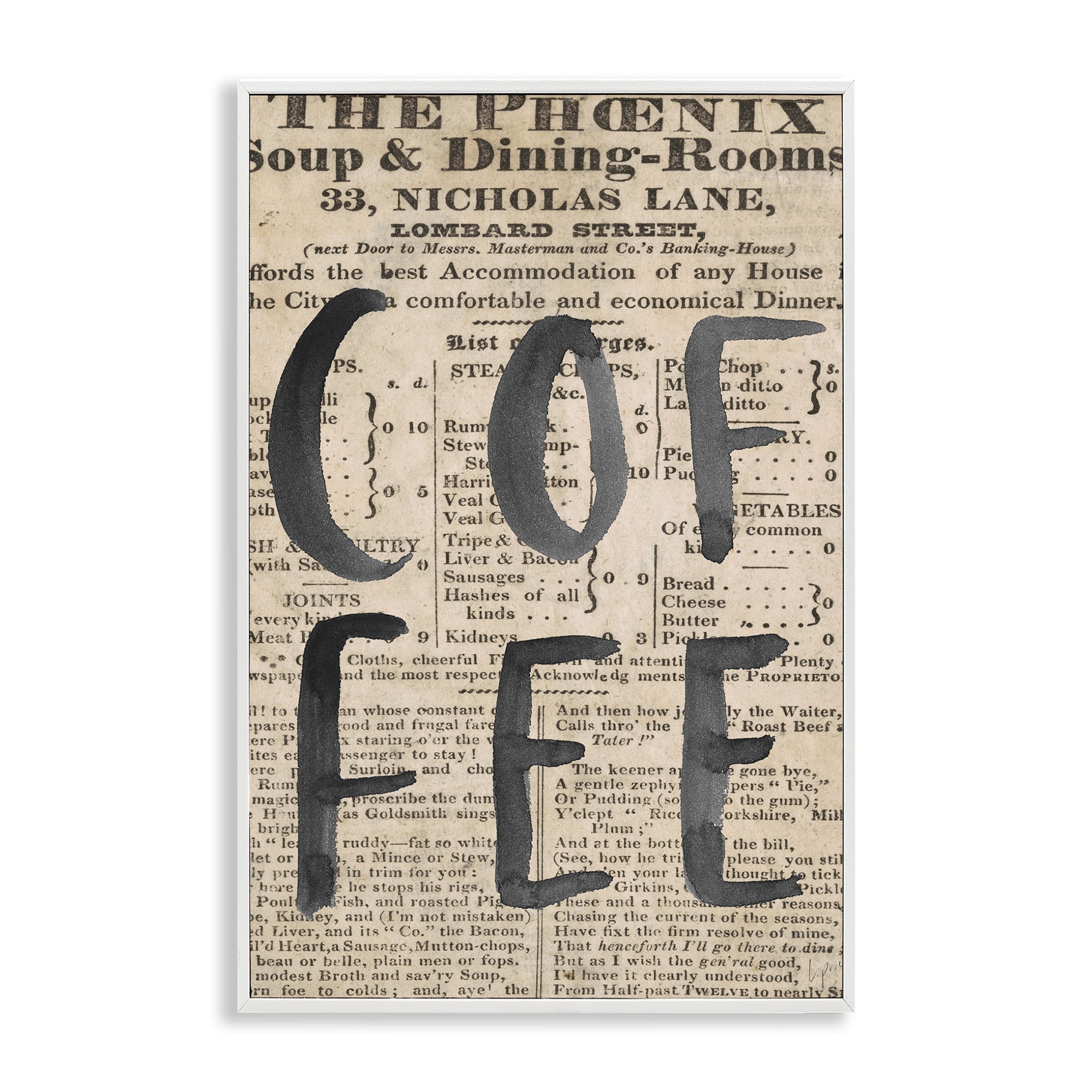 Stupell Industries Vintage Coffee Newspaper White Framed Giclee Art, design by Lucille Price