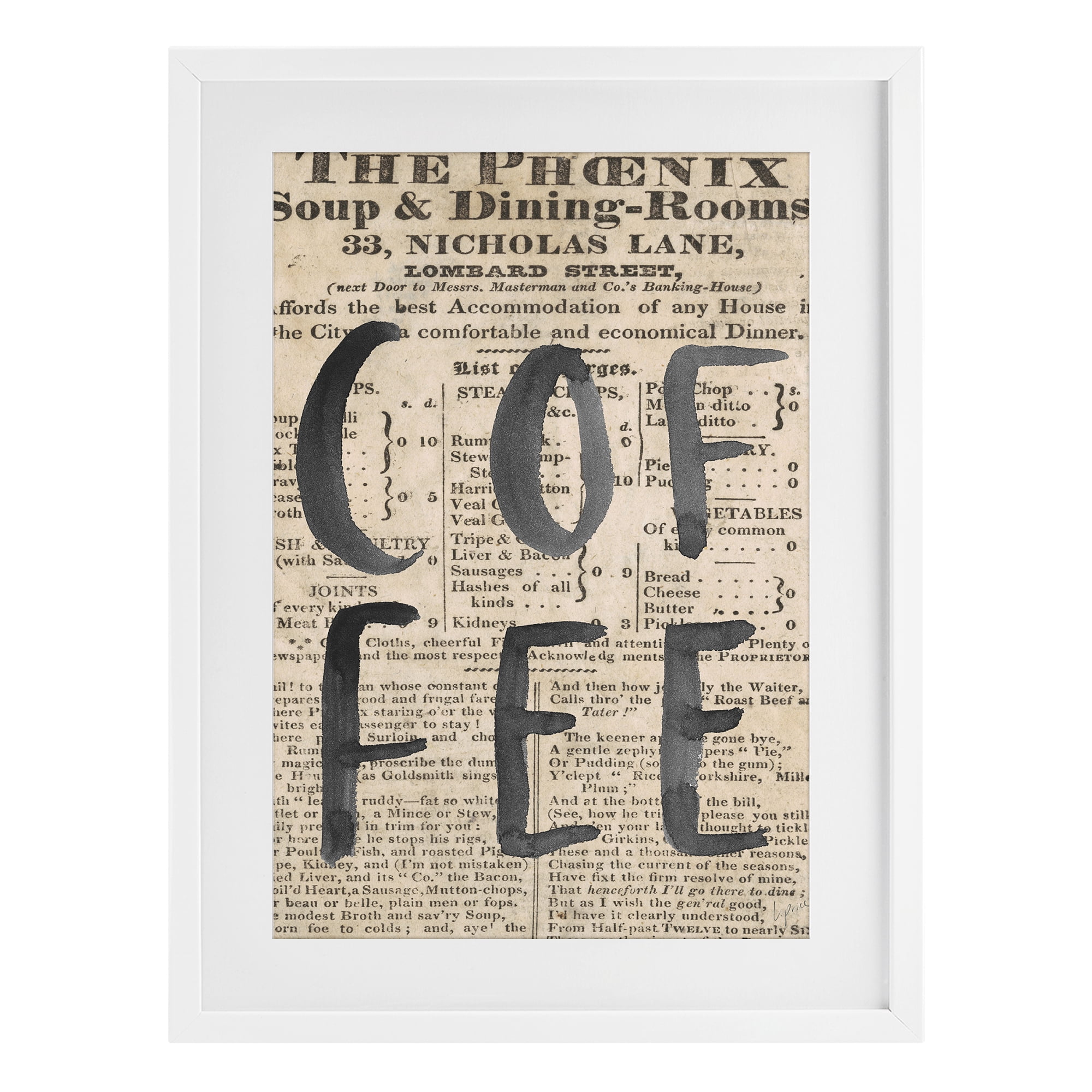 Stupell Industries Vintage Coffee Newspaper White Framed Print Under Glass, design by Lucille Price